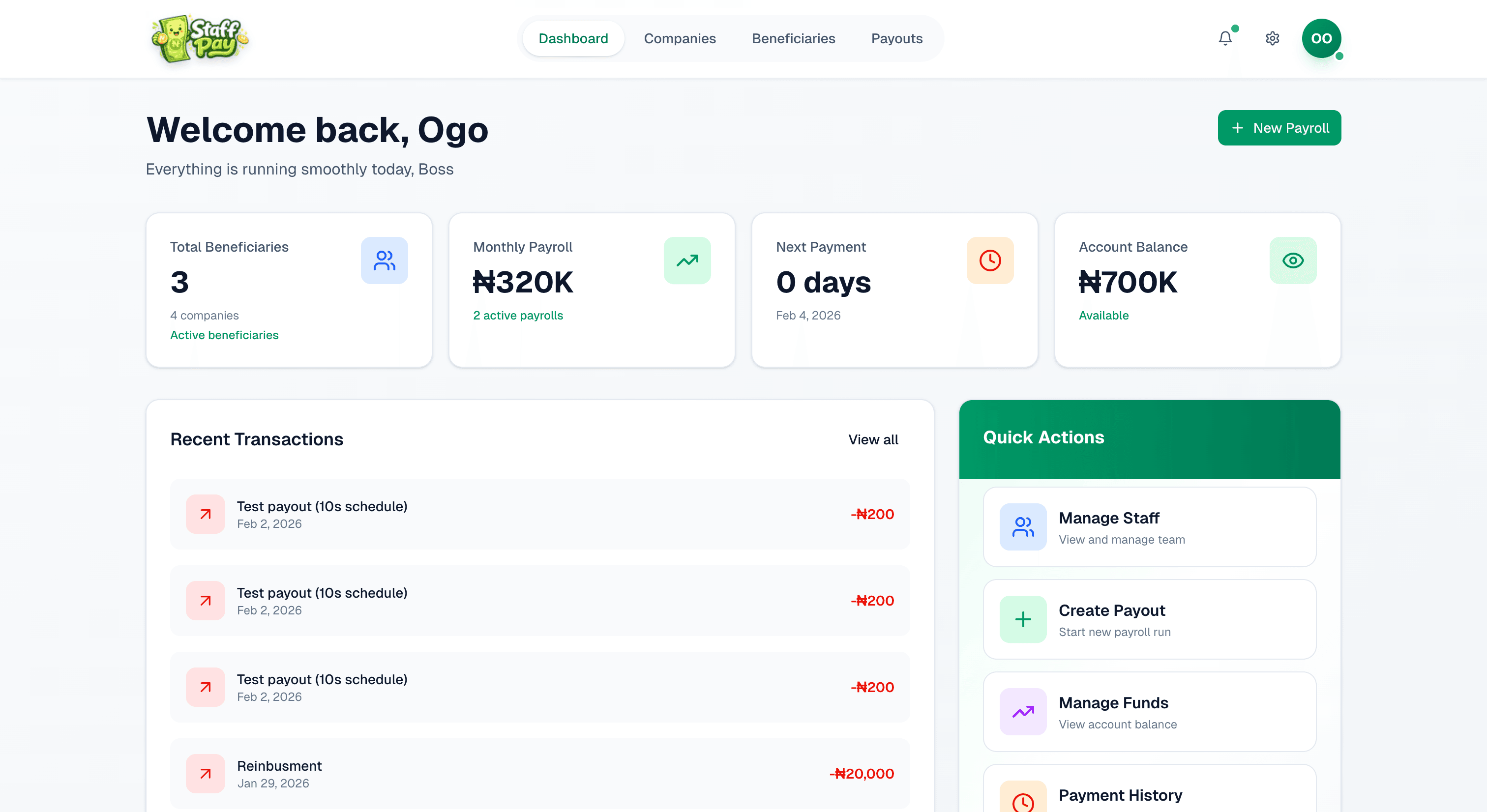 Staff Pay dashboard preview — beneficiary management, payouts, and funds in one place