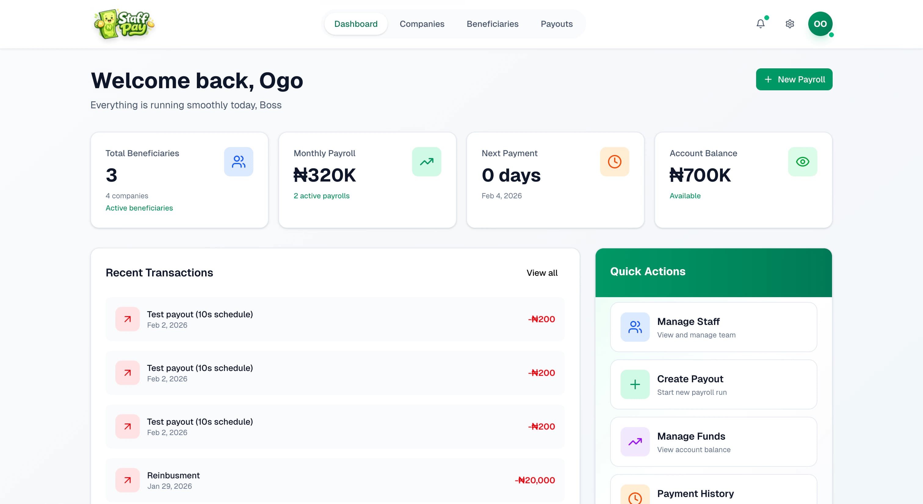 Staff Pay dashboard preview, beneficiary management, payouts, and funds in one place
