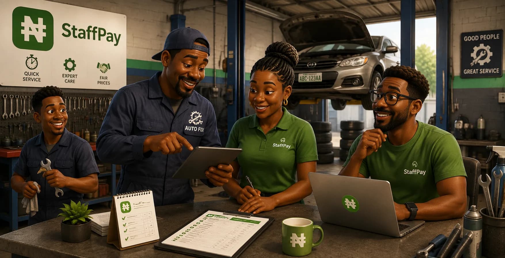 Auto shop team managing payroll and payments with Staffpay.ng