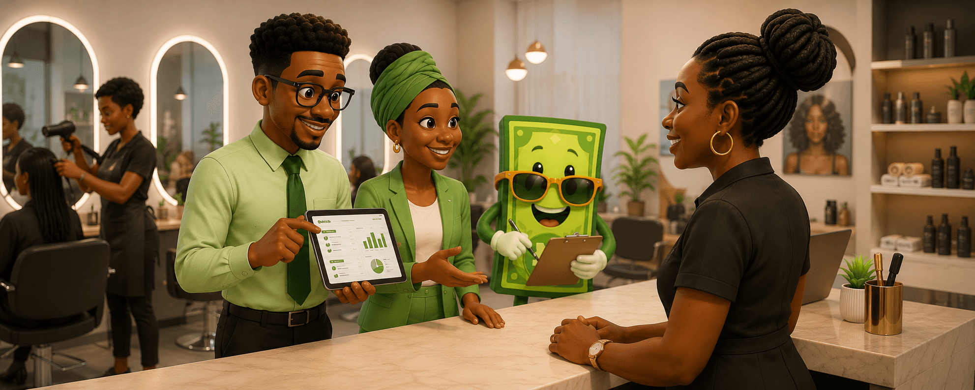 Salon owner reviewing payroll and business records on Staffpay.ng