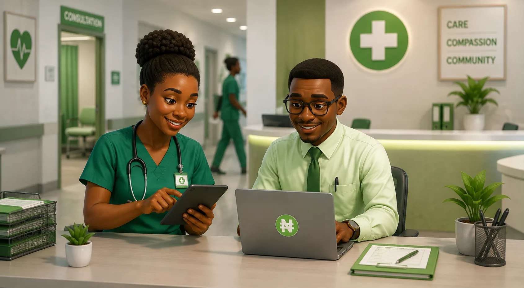 Healthcare team managing payroll and compliance records on Staffpay.ng