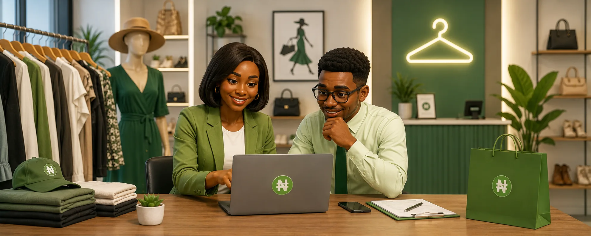 Boutique team reviewing payroll and sales records on Staffpay.ng